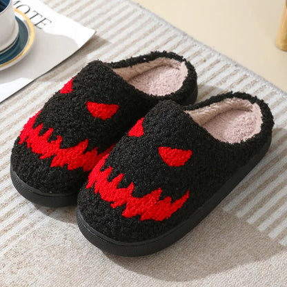 Pantoufles d'Halloween à motif tête de mort, pantoufles chaudes d'hiver pour hommes, femmes, couple, chaussures d'intérieur en coton