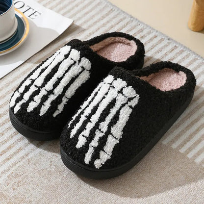 Pantoufles d'Halloween à motif tête de mort, pantoufles chaudes d'hiver pour hommes, femmes, couple, chaussures d'intérieur en coton