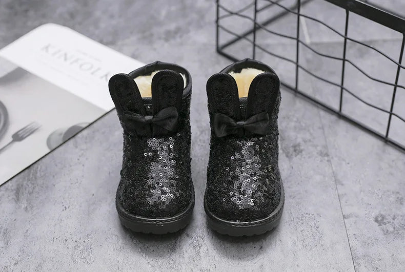 Girls Snow Boots Kids Ankle Boots Autumn Winter Fashion Princess Cute Rabbit Ear with Glitter Sequins Warm Thick Plush Cotton