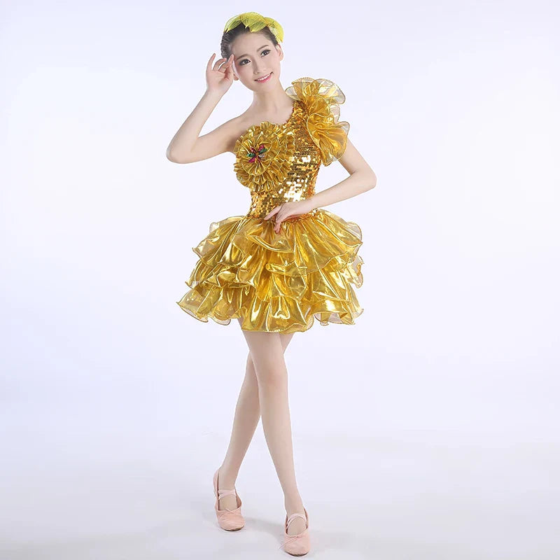 New Gold Jazz Sequins Modern Dance Costumes Stage Performance Tutu Adult Women's Guzheng Costumes