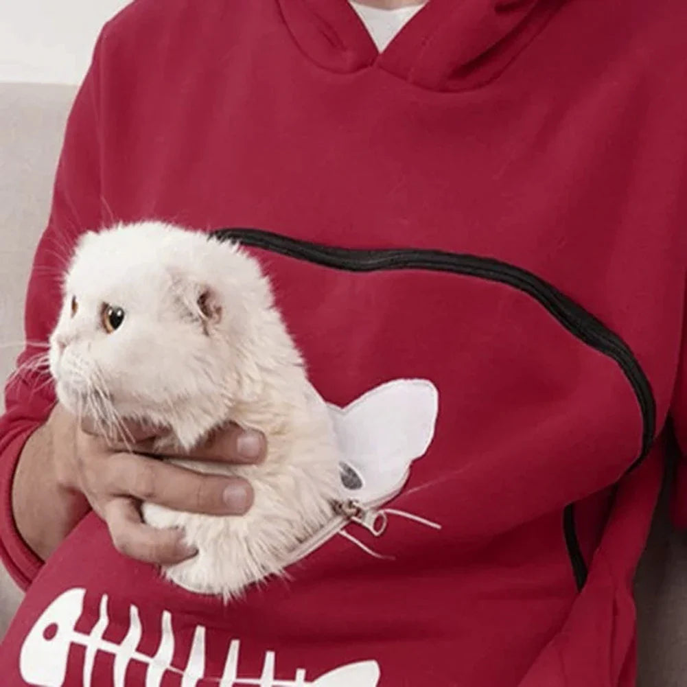 Women Long Sleeve Kangaroo Pouch Cats Fish Print Hoodie Pet cats Holder pocket Sweatshirt Dropshipping female Plus size Hoodie