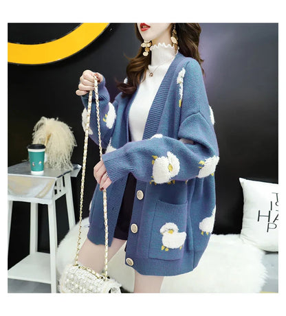 Women Winter Knit Sweater Coat V Neck Sheep Cardigans Christmas Sweaters Warm Knitted Sueter Mujer Loose Long Sleeve Jacket