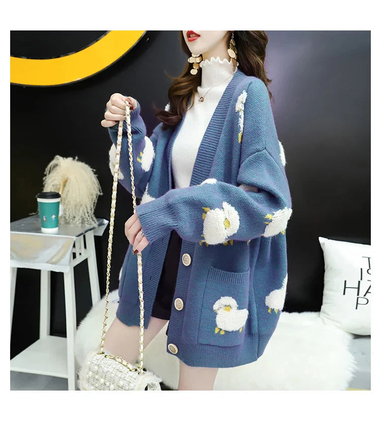 Women Winter Knit Sweater Coat V Neck Sheep Cardigans Christmas Sweaters Warm Knitted Sueter Mujer Loose Long Sleeve Jacket