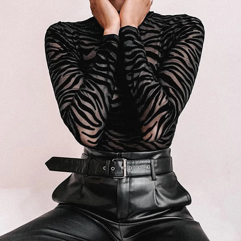 Combinaisons à col montant pour femmes, maille transparente noire, body sexy à manches longues, mince, skinny, rayé, décontracté, pour femme, fête, club