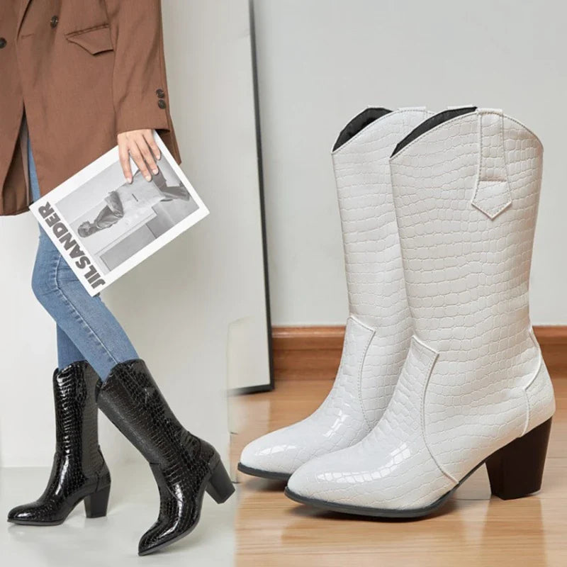 Botas De Mujer Western Cowboy Boots for Women PU Leather Chelsea Boots High Heels Gothic Platform Shoes Big Size 46 47 48 307-1