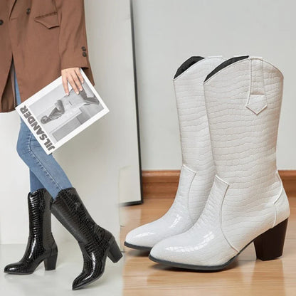 Botas De Mujer Western Cowboy Boots for Women PU Leather Chelsea Boots High Heels Gothic Platform Shoes Big Size 46 47 48 307-1