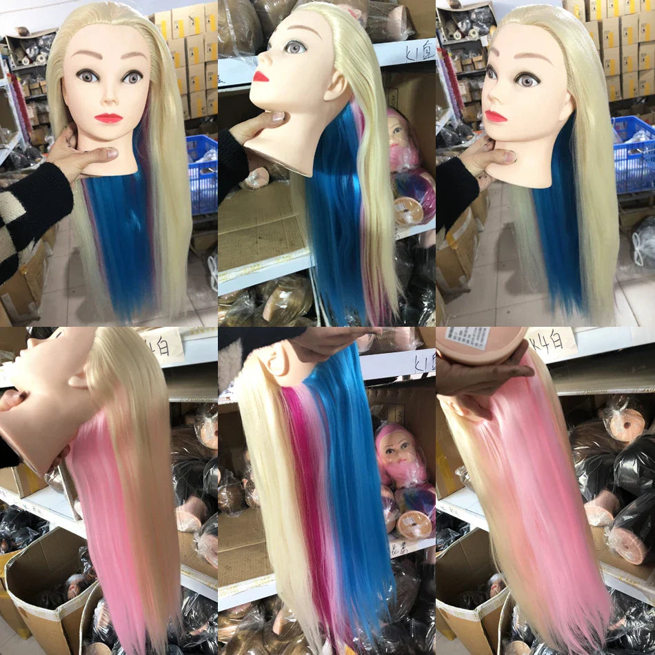 Tête de mannequin à cheveux longs synthétiques avec support de trépied de perruque réglable Modèle avec tête de mannequin Formation de coiffeur coiffant