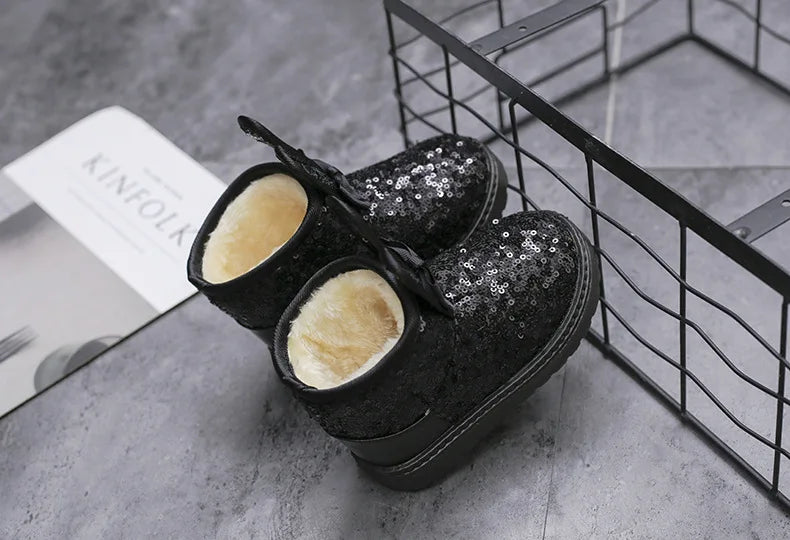 Girls Snow Boots Kids Ankle Boots Autumn Winter Fashion Princess Cute Rabbit Ear with Glitter Sequins Warm Thick Plush Cotton
