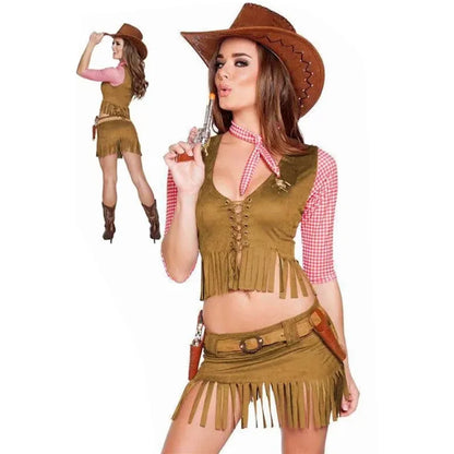 Carnaval Halloween Femme Sexy Costume de Cowgirl de l'Ouest Pionnière de la Prairie à Franges Tenue de Club Jeu de Rôle Cosplay Fête Déguisement