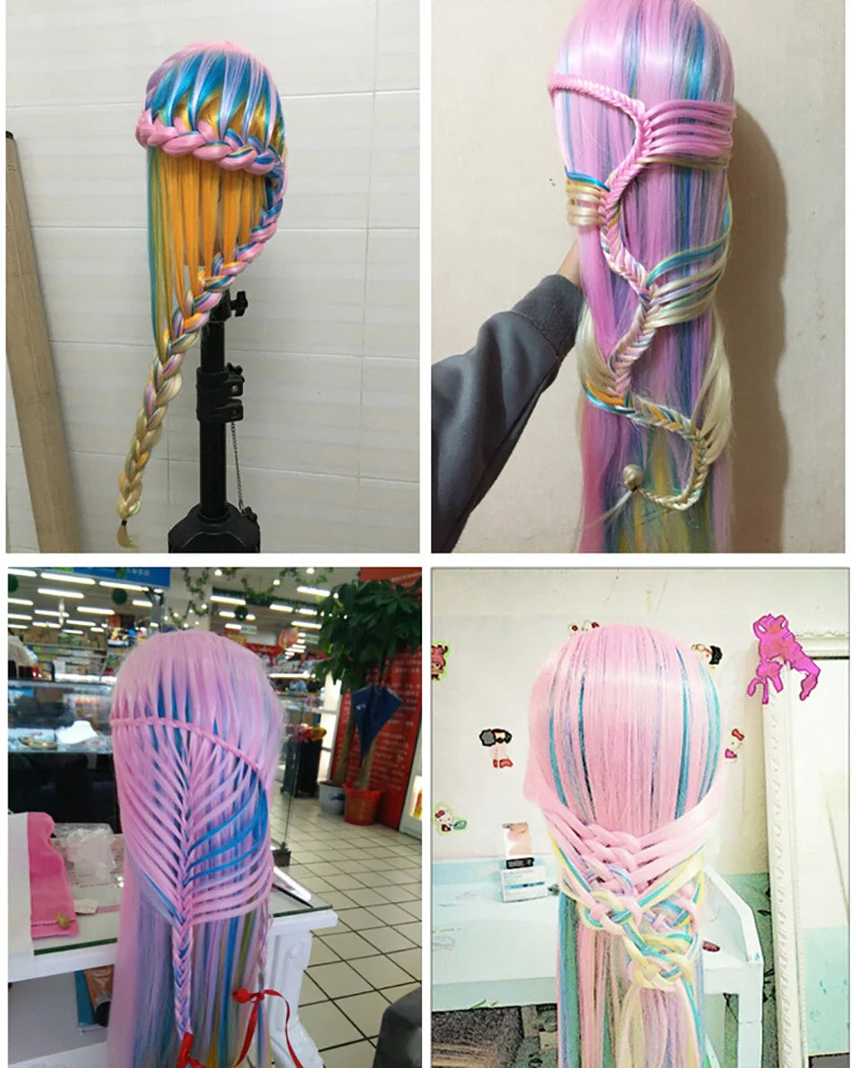 Tête de mannequin à cheveux longs synthétiques avec support de trépied de perruque réglable Modèle avec tête de mannequin Formation de coiffeur coiffant