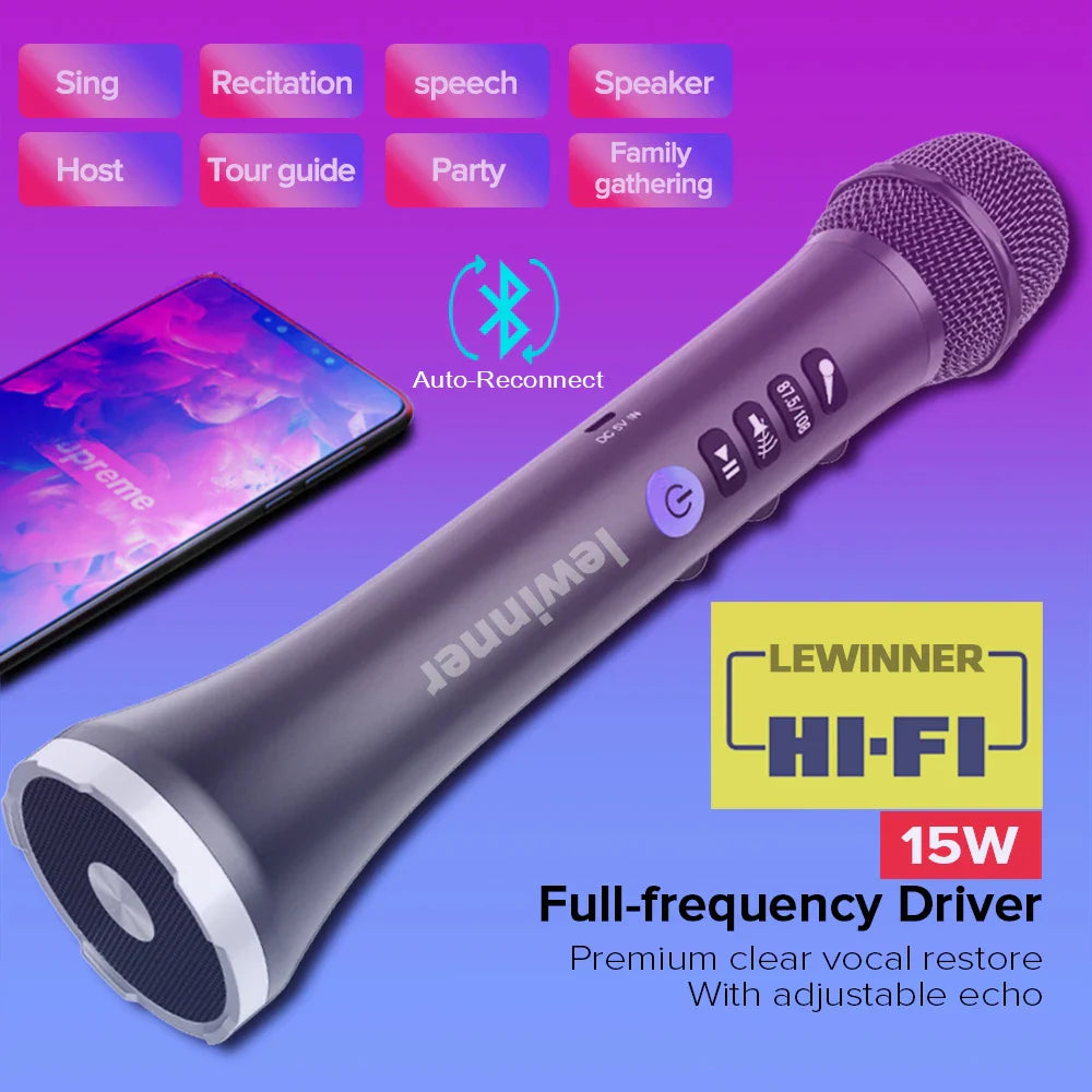 Lewinner L-698 Wireless Karaoke Microphone Bluetooth Speaker 2in1 Handheld Sing & Recording Portable KTV Player for iOS/Android