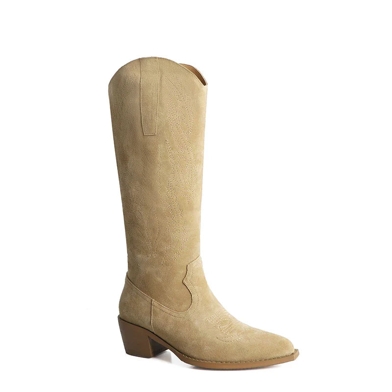WETKISS Ladies Women Shoes Chunky Heel Embroidery Boots Women Fall Shoes Pink Suede Boots Knee High Cowboy Boots Wholesale