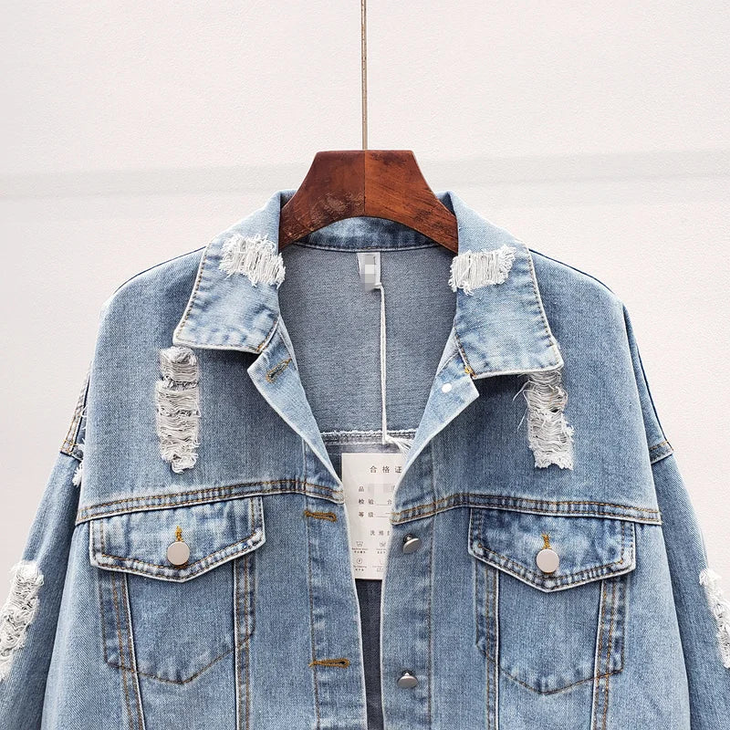 Women Denim Jacket feminine Spring Autumn Boho Sequin Floral Appliques Embroidery Coat Long Sleeve Outerwear Female Veste femme