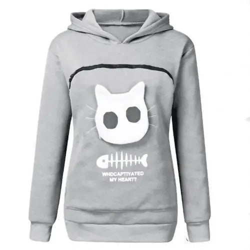 Women Long Sleeve Kangaroo Pouch Cats Fish Print Hoodie Pet cats Holder pocket Sweatshirt Dropshipping female Plus size Hoodie