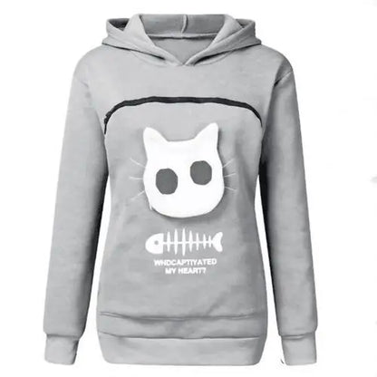 Women Long Sleeve Kangaroo Pouch Cats Fish Print Hoodie Pet cats Holder pocket Sweatshirt Dropshipping female Plus size Hoodie