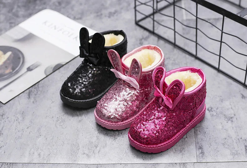 Girls Snow Boots Kids Ankle Boots Autumn Winter Fashion Princess Cute Rabbit Ear with Glitter Sequins Warm Thick Plush Cotton