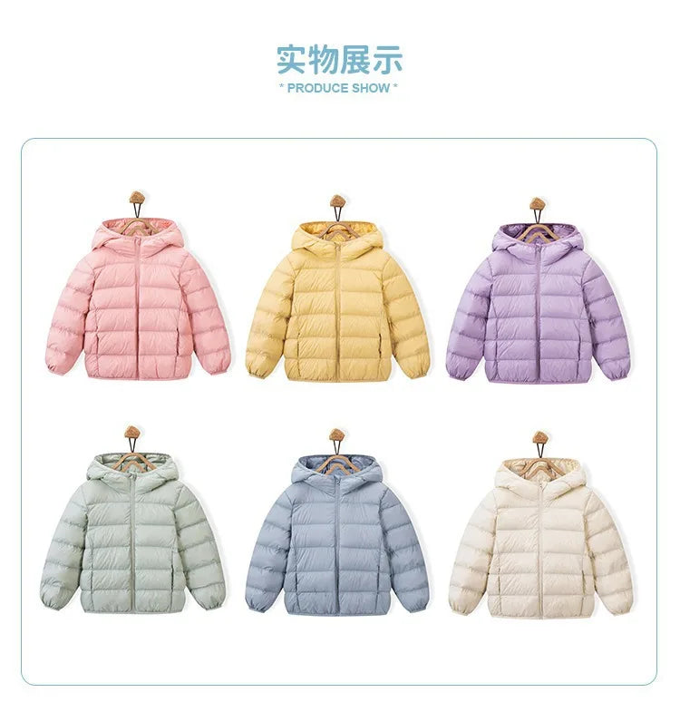 Children's Lightweight Winter Down Jacket New Style Hooded White Duck Down Short Coat for Toddler Boys and Girls