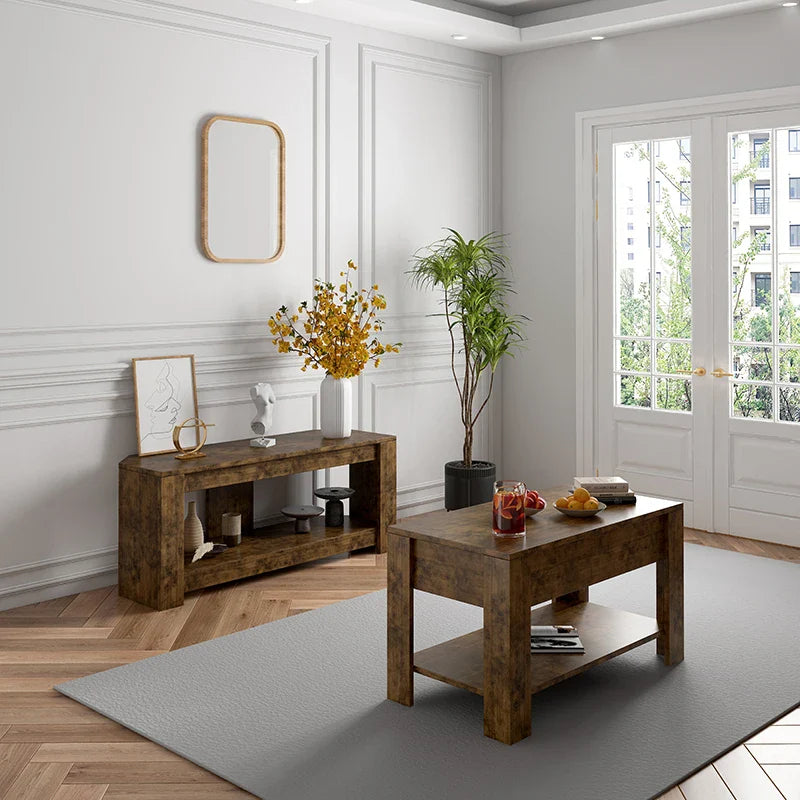 Table TV et Table basse relevable avec rangement, Table centrale relevable en bois rustique pour salon