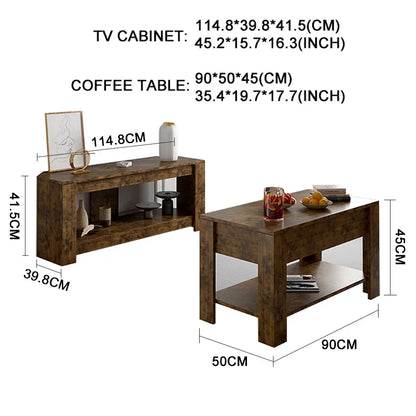 Table TV et Table basse relevable avec rangement, Table centrale relevable en bois rustique pour salon