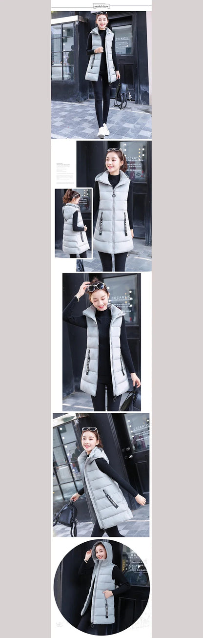 Autumn Winter Mid-length Women's Vest Coat Casual Zipper Sleeveless Warm Jacket Solid Color Hooded Ladies Vest Parkas for women
