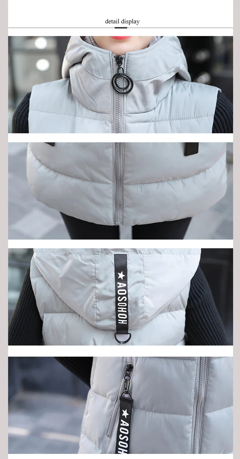 Autumn Winter Mid-length Women's Vest Coat Casual Zipper Sleeveless Warm Jacket Solid Color Hooded Ladies Vest Parkas for women