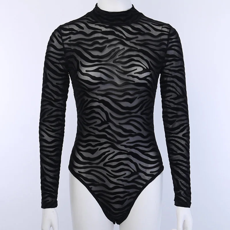 Combinaisons à col montant pour femmes, maille transparente noire, body sexy à manches longues, mince, skinny, rayé, décontracté, pour femme, fête, club