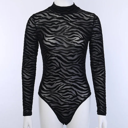 Combinaisons à col montant pour femmes, maille transparente noire, body sexy à manches longues, mince, skinny, rayé, décontracté, pour femme, fête, club