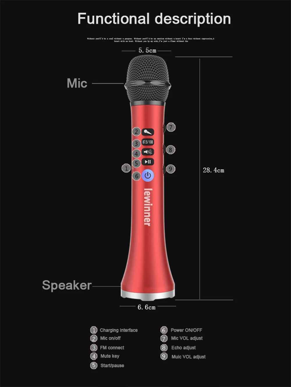 Lewinner L-698 Wireless Karaoke Microphone Bluetooth Speaker 2in1 Handheld Sing & Recording Portable KTV Player for iOS/Android