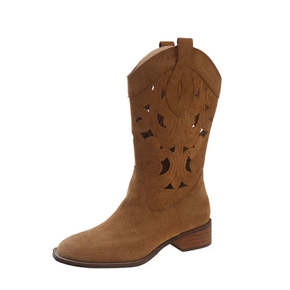 Fashionable New Summer Women's Casual Hollow Out Cool Shoes Thick Heel Embroidered Knight Boots Versatile Midsole Denim Boots