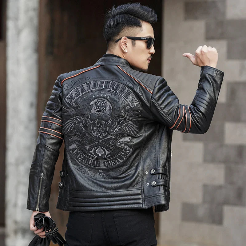 CC Shop.Brand skull cowhide coat.8XL Plus black slim genuine leather jacket,Rider leather cloth.Chaqueta de cuero esqueleto