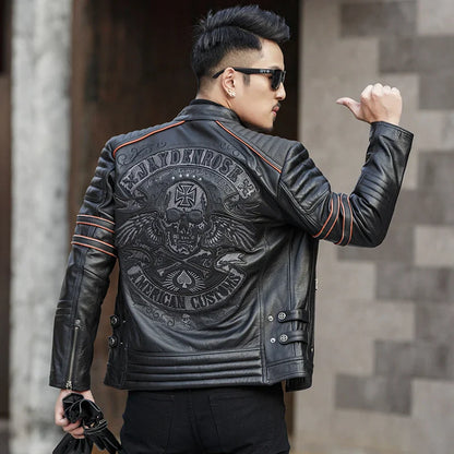 CC Shop.Brand skull cowhide coat.8XL Plus black slim genuine leather jacket,Rider leather cloth.Chaqueta de cuero esqueleto