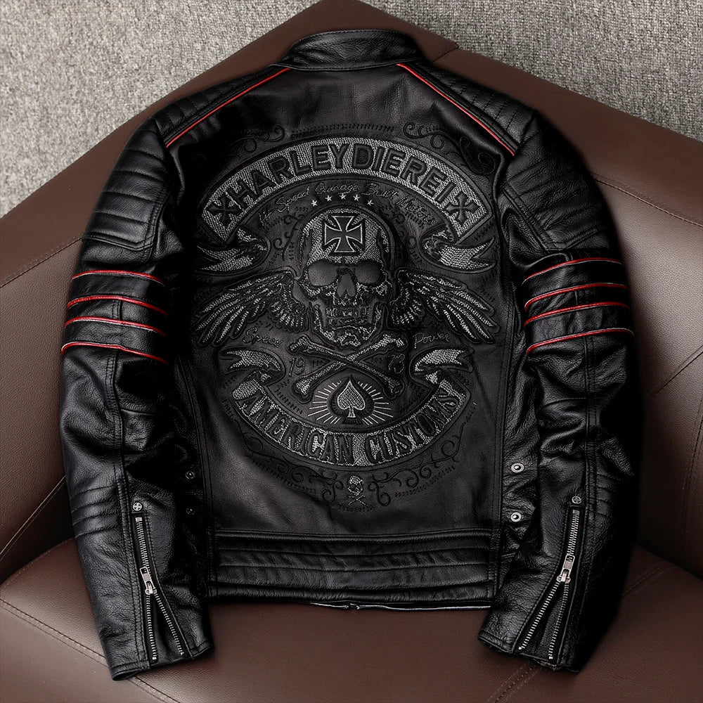 CC Shop.Brand skull cowhide coat.8XL Plus black slim genuine leather jacket,Rider leather cloth.Chaqueta de cuero esqueleto