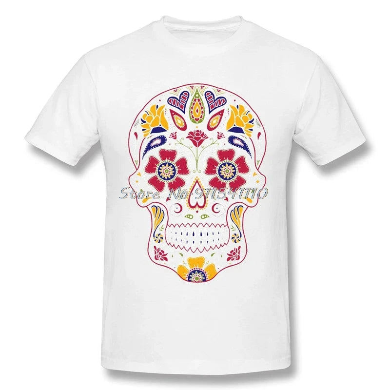 T-Shirt Coton Homme Motif Crâne en Sucre du Jour des Morts et Anime pour Halloween