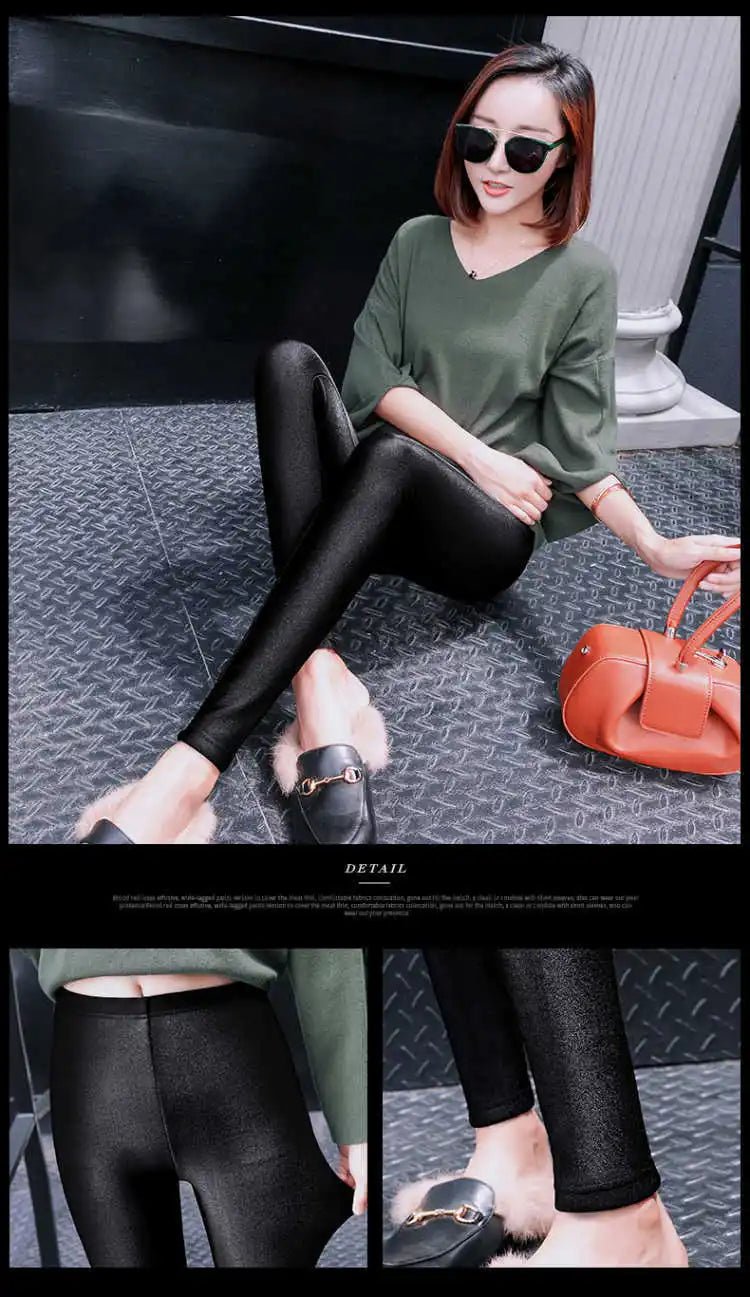 Automne hiver épais Leggings mode solide mince pantalon dame polaire chaud Leggings décontracté noir brillant taille haute Leggings