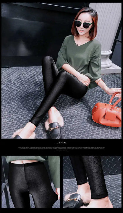 Automne hiver épais Leggings mode solide mince pantalon dame polaire chaud Leggings décontracté noir brillant taille haute Leggings