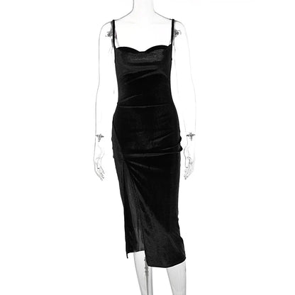 Hugcitar Robe Longue Maxi Fendue Sexy en Velours avec Col Drapé Sans Manches, Nouvelle Mode 2025, Robe de Soirée Élégante pour Femme, Streetwear Y2K