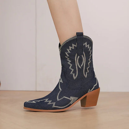 BUSY GIRL XY4777 Ladies Winter Boots Short Fur Warm 6cm Block Heels Custom Embroidery Western Boots Women Cowboy Boots