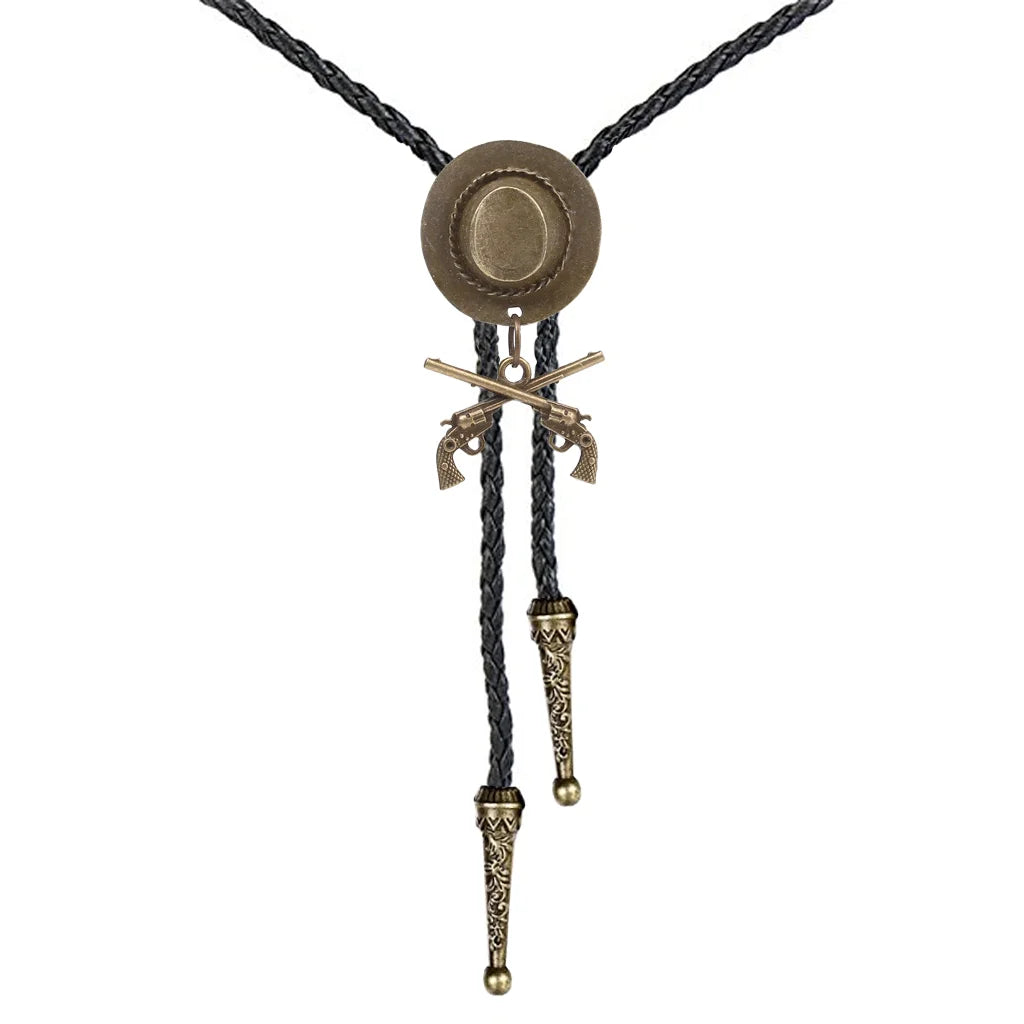 Chapeau de cowboy occidental à double pistolet, cravate bolo, accessoires de mode, cravate bolo en métal