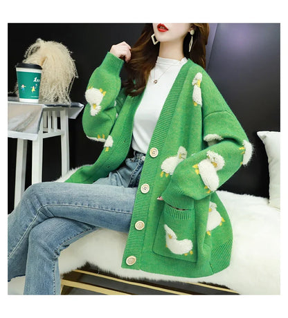 Women Winter Knit Sweater Coat V Neck Sheep Cardigans Christmas Sweaters Warm Knitted Sueter Mujer Loose Long Sleeve Jacket