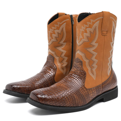 Embroidered Leather Western Cowboy Boots Women's Round Toe Chunky Heel Matching Mid Calf Boots Vintage Black Knight Boots