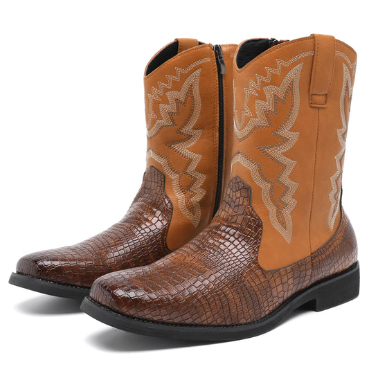 Embroidered Leather Western Cowboy Boots Women's Round Toe Chunky Heel Matching Mid Calf Boots Vintage Black Knight Boots
