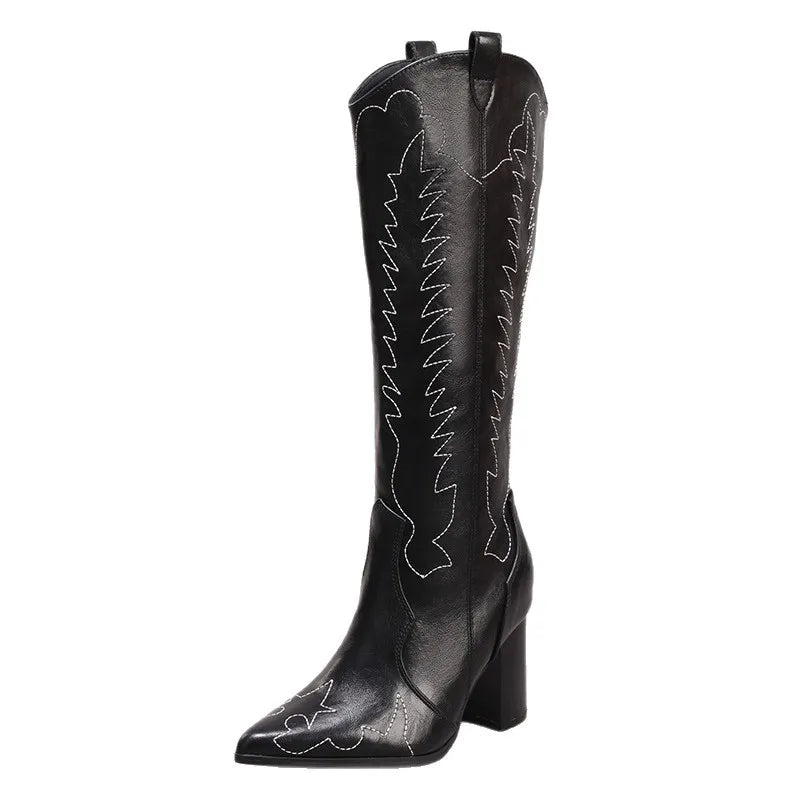 Vintage Western Cowboy Boots Cross-Border Embroidered Knee-High Boots Height Increasing Heel Options Solid Pattern Winter