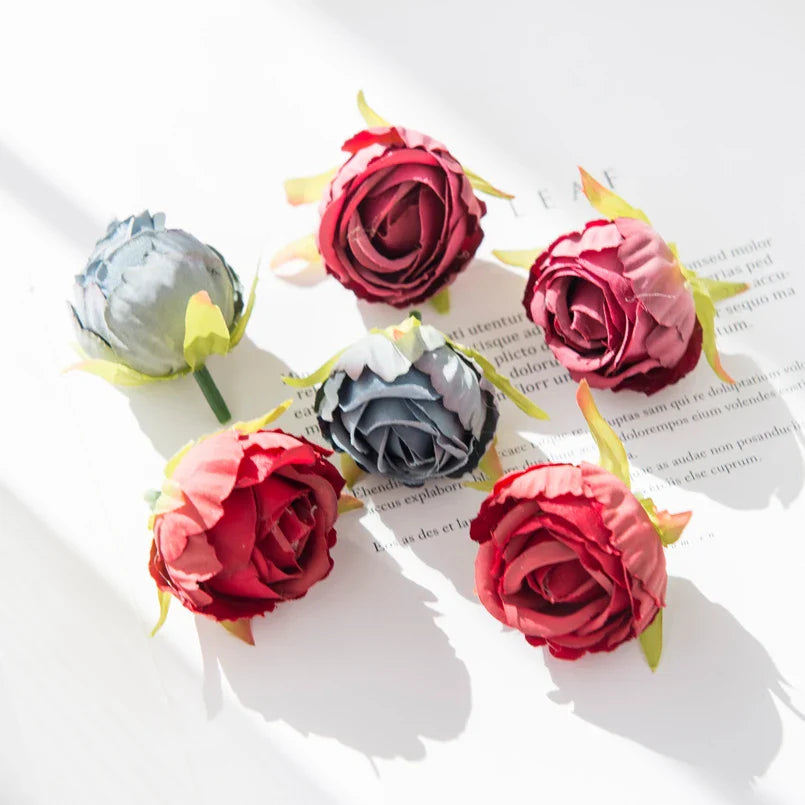 10Pcs Silk Tea Buds Roses Head Wedding Decorative Wreaths Valentine Decora Home Room Diy Gift Box Fake Plants Artificial Flowers