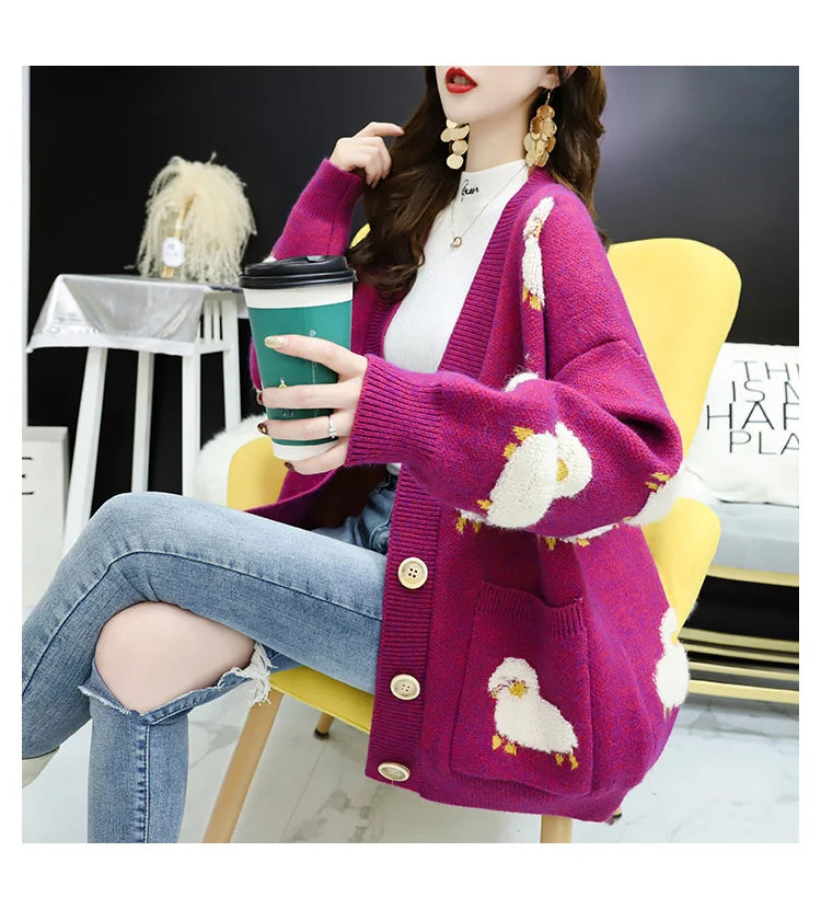 Women Winter Knit Sweater Coat V Neck Sheep Cardigans Christmas Sweaters Warm Knitted Sueter Mujer Loose Long Sleeve Jacket