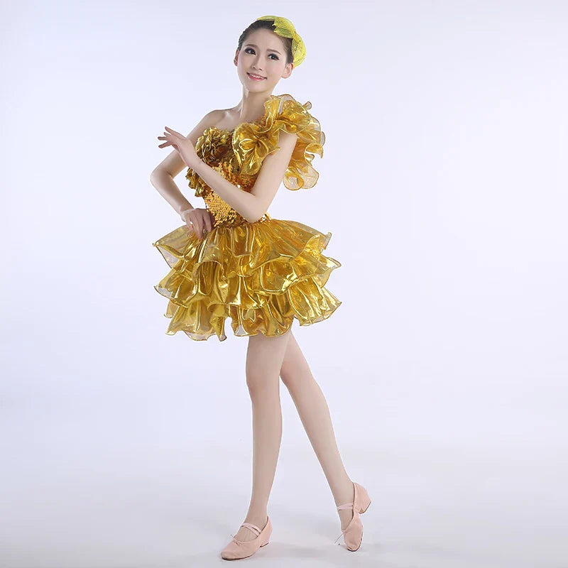 New Gold Jazz Sequins Modern Dance Costumes Stage Performance Tutu Adult Women's Guzheng Costumes