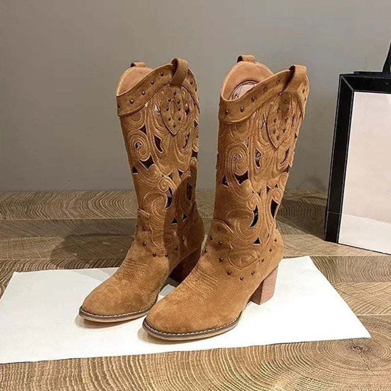 Fashionable New Summer Women's Casual Hollow Out Cool Shoes Thick Heel Embroidered Knight Boots Versatile Midsole Denim Boots