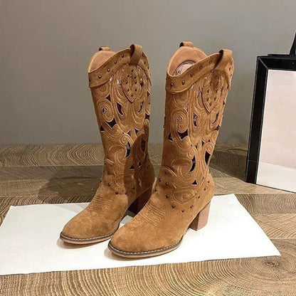 Fashionable New Summer Women's Casual Hollow Out Cool Shoes Thick Heel Embroidered Knight Boots Versatile Midsole Denim Boots