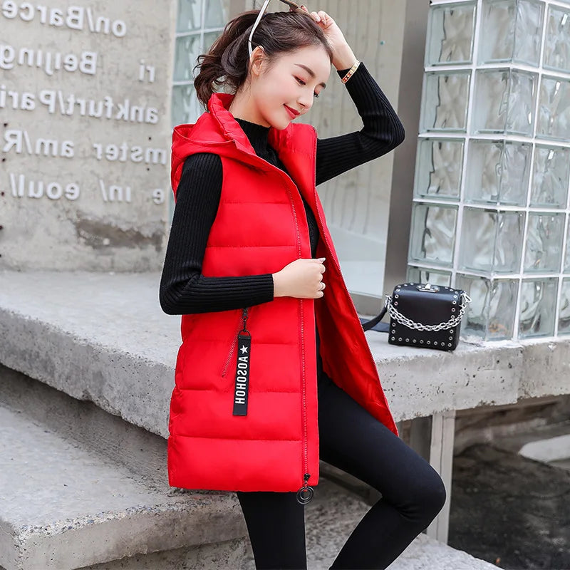 Autumn Winter Mid-length Women's Vest Coat Casual Zipper Sleeveless Warm Jacket Solid Color Hooded Ladies Vest Parkas for women