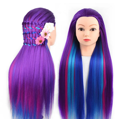 Tête de mannequin à cheveux longs synthétiques avec support de trépied de perruque réglable Modèle avec tête de mannequin Formation de coiffeur coiffant