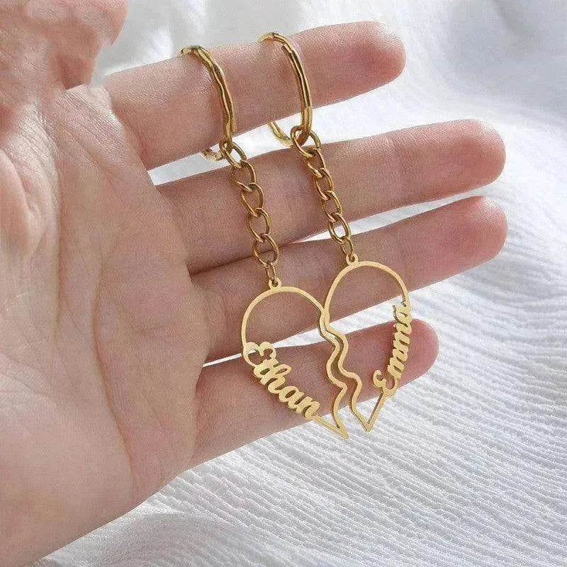 Porte-clés en acier inoxydable avec deux lettres anglaises DIY en forme de cœur